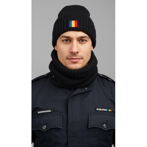 Polizeimütze und runder Schal, handgefertigt aus 100% Merinowolle Polizeimütze und runder Schal, handgefertigt aus 100% Merinowolle