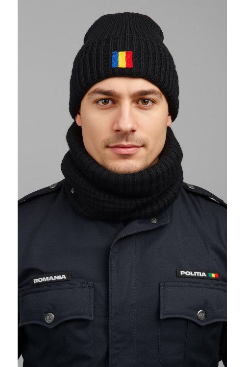 Polizeimütze und runder Schal, handgefertigt aus 100% Merinowolle