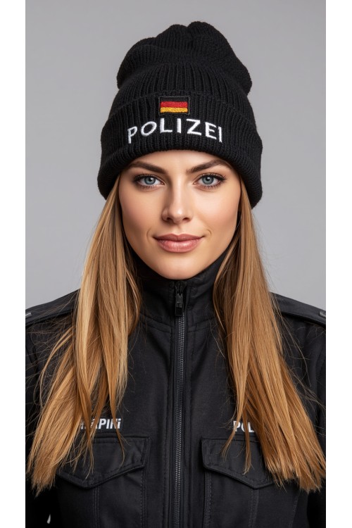 Polizei Mütze handgestrickt aus Merinowolle, anpassbar 