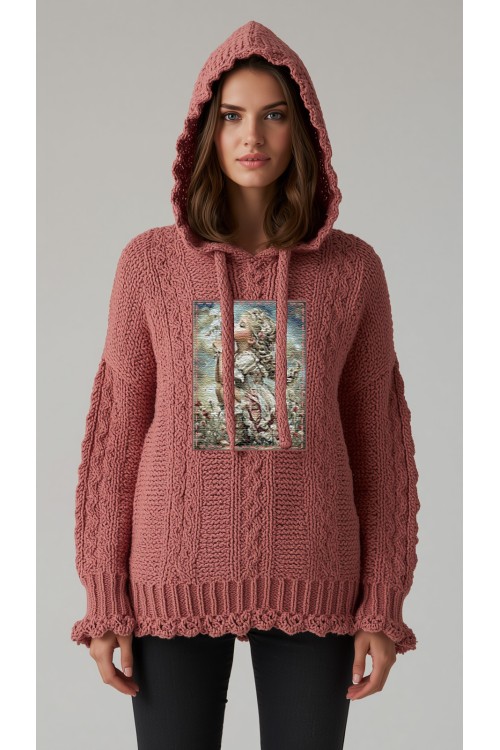 Romantischer, handgestrickter Hoodie aus Baumwolle und Viskose, mit handgestickten Gobelin-Motiven, Unikat