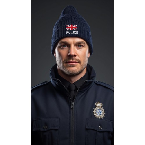 Handgestrickte Polizeimütze aus Merinowolle, verstellbar Handgestrickte Polizeimütze aus Merinowolle, verstellbar