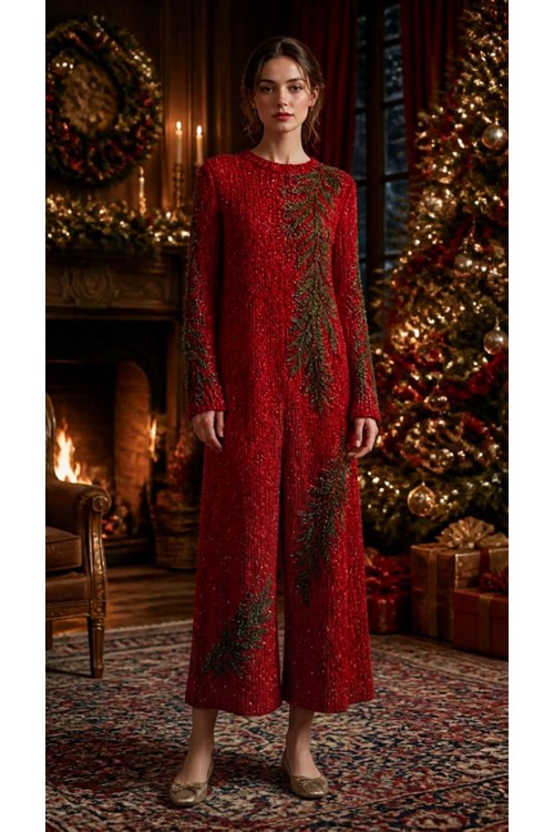 „Weihnachten in Herzen“ – festlicher, handgestrickter Overall aus reinem Kaschmir mit Pailletten und Handstickerei, Unikat