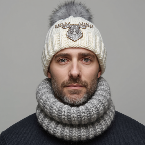 Haakon-Winterset, handgestrickt aus Merinowolle, mit echtem Pelzbommel, sehr warm, Unikat Haakon-Winterset, handgestrickt aus Merinowolle, mit echtem Pelzbommel, sehr warm, Unikat