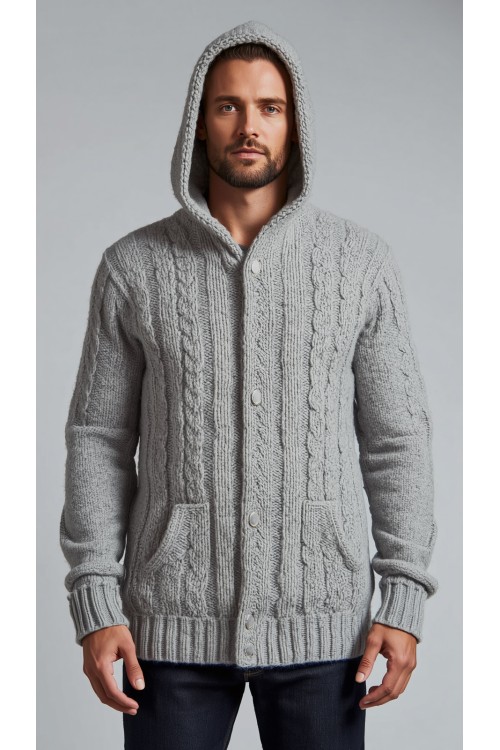 Eine elegante Herren-Strickjacke mit Kapuze, handgestrickt aus 100 % Merinowolle