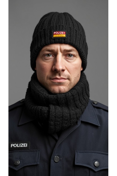 Set Polizeimütze und runder Schal, handgefertigt aus 100% Merinowolle
