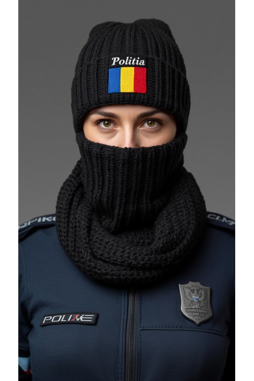Polizeimütze und runder Schal, handgefertigt aus 100% Merinowolle
