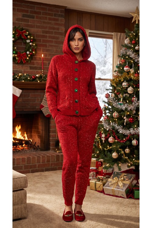 „Weihnachtselfe“ – handgestricktes Weihnachtsanzug aus reinem Kaschmir mit Pailletten, Unikat
