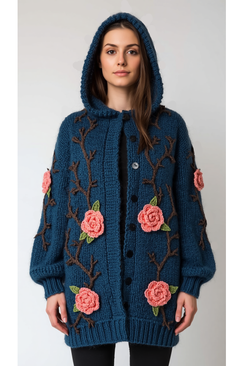 Handgestrickte Strickjacke aus hochwertiger Merinowolle mit handgehäkelten Rosen, Unikat Handgestrickte Strickjacke aus hochwertiger Merinowolle mit handgehäkelten Rosen, Unikat
