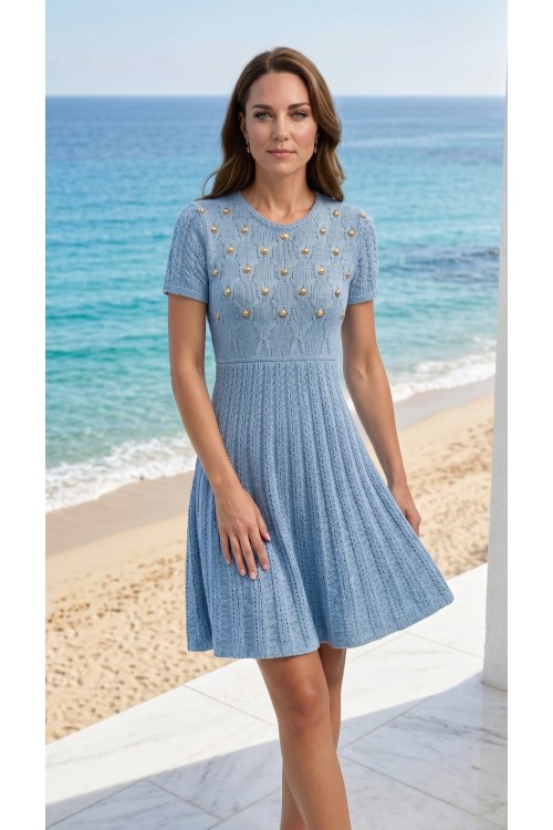 Handgestricktes Kleid „Catherine“ aus 100 % Leinen mit Naturperlen, Unikat Handgestricktes Kleid „Catherine“ aus 100 % Leinen mit Naturperlen, Unikat