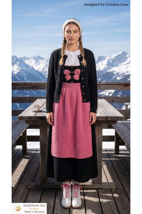 Trachtenoutfit mit Dirndl, Dirndlbluse, Dirndlschürze und Trachtenjacke, handgestrickt, Unikat