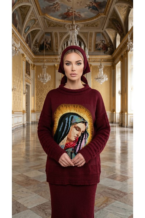 Handgestrickter Pullover aus Merinowolle mit hand gestickter Jungfrau Maria Gobelin, Unikat