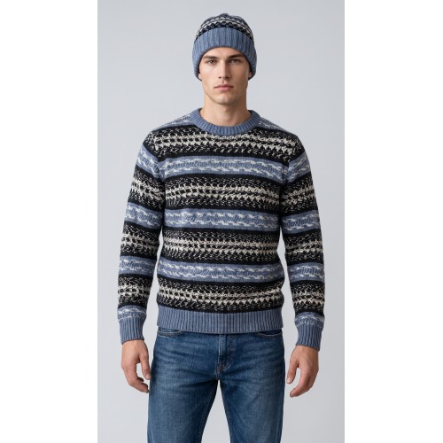 Norwegen-Pullover, handgestrickt aus Merinowolle, mit passender Mütze Norwegen-Pullover, handgestrickt aus Merinowolle, mit passender Mütze