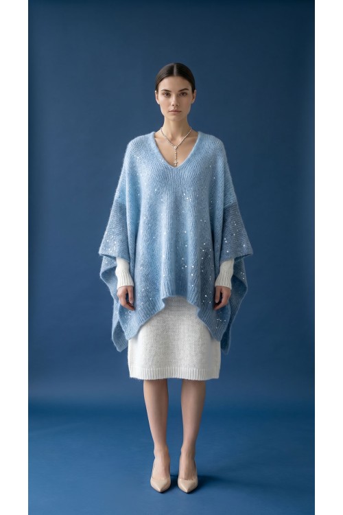 Handgestrickter Poncho aus reinem Kaschmir mit Pailletten, wunderschön, Unikat Handgestrickter Poncho aus reinem Kaschmir mit Pailletten, wunderschön, Unikat