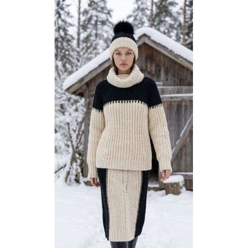 Yin & Yang-Set, handgestrickte Winterharmonie aus Kaschmir und Merinowolle, mit einem Bommel aus Naturfell Yin & Yang-Set, handgestrickte Winterharmonie aus Kaschmir und Merinowolle, mit einem Bommel aus Naturfell