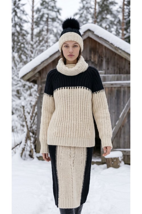 Yin & Yang-Set, handgestrickte Winterharmonie aus Kaschmir und Merinowolle, mit einem Bommel aus Naturfell