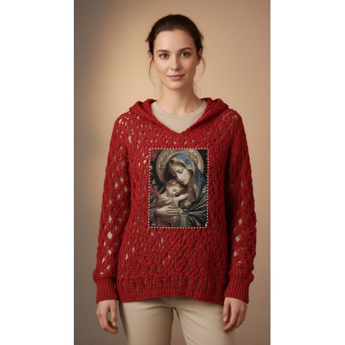 Handgestrickter Hoodie mit handbesticktem Gobelin, einzigartig und Unikat Handgestrickter Hoodie mit handbesticktem Gobelin, einzigartig und Unikat